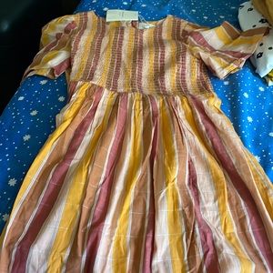 NWT Sezane dress. Smocked bodice, terracotta, gold threads. Size 8 US/40 FR.